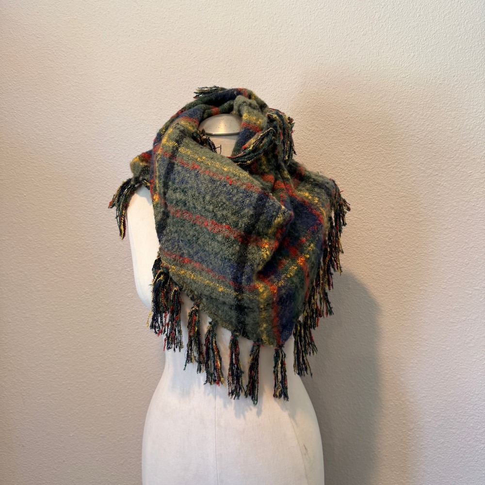 Free People Oversized Plaid Blanket Scarf Green Blue Red Fringe Wrap Shawl